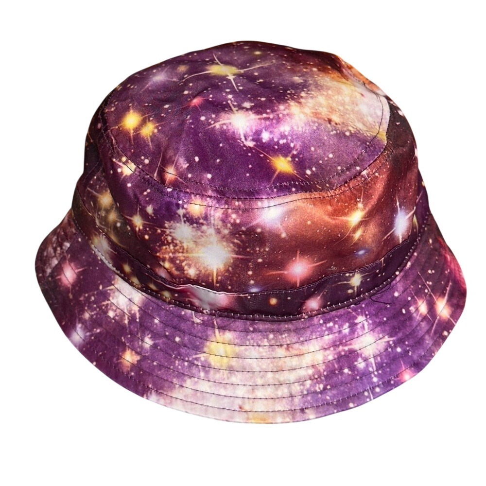 Premium Galaxy Print Bucket Hat Mens Purple Cosmic Star Nebula Festival Rave Cap